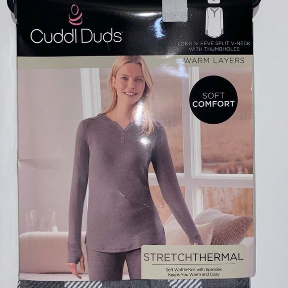 Cuddl Duds Women's Gray Check Stretch Thermal Long Sleeve V-Neck Top Small NWT - Picture 2 of 7